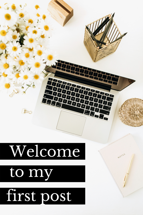 laptop flat lay with daisies pencil pot and text 'Welcome to my first blog post'